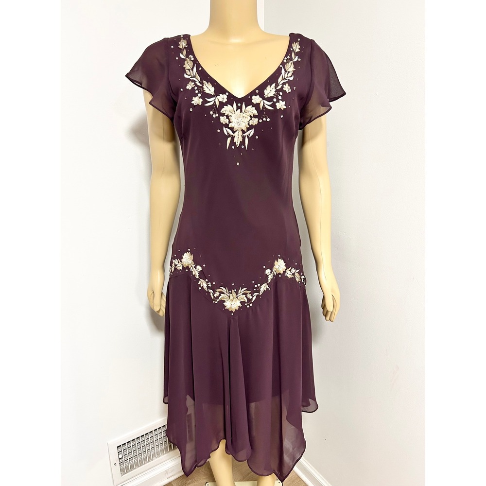 Y2K Vintage SL FASHIONS Plum Purple Beaded Floral Handkerchief Hem Midi Dress